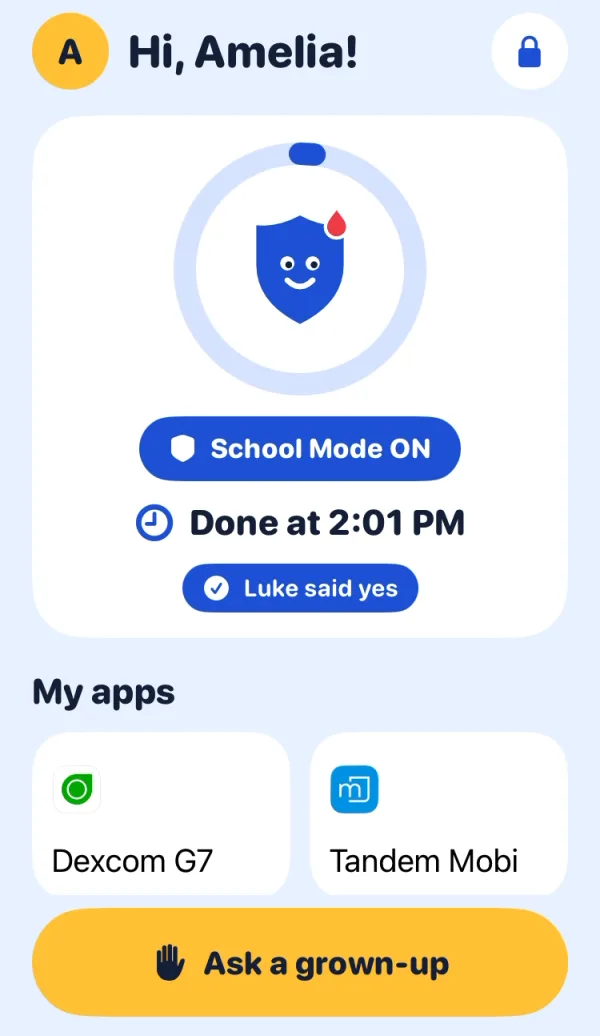 safeT1D on the student's iPhone: School Mode ON, done at 2:01 PM, the Dexcom G7 and Tandem Mobi app tiles, and a yellow Ask a grown-up button.