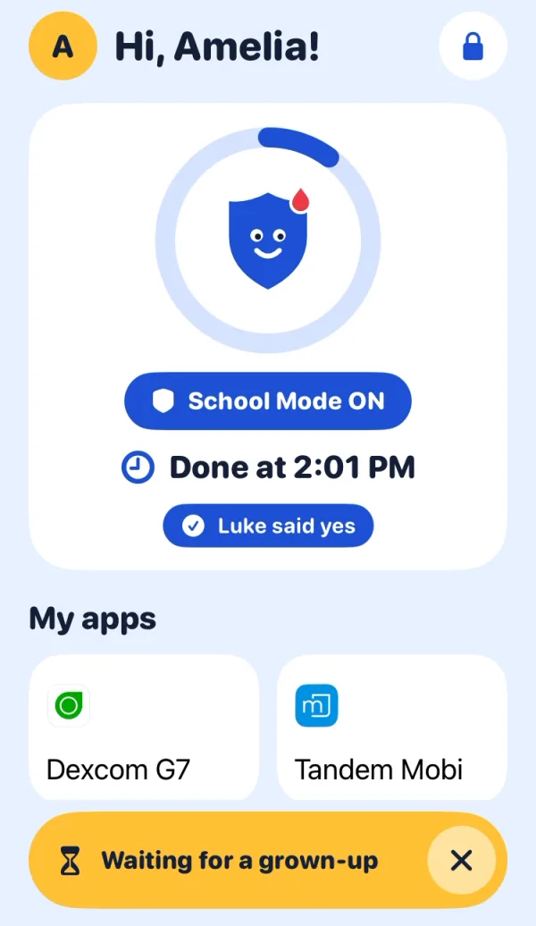 The student's home screen after asking: the Ask button has turned into a yellow Waiting for a grown-up bar with a cancel button.