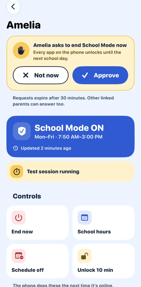 The parent's iPhone showing a yellow card: Amelia asks to end School Mode now, with Not now and Approve buttons above a blue School Mode ON status card.