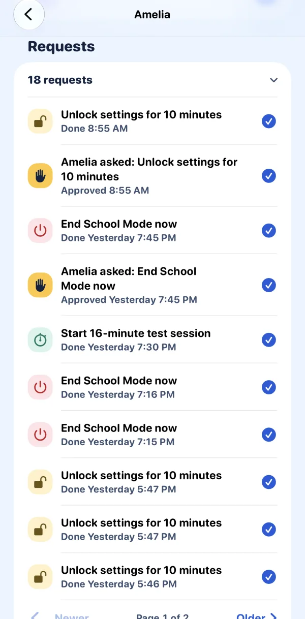 The parent's Requests list: End School Mode now, done; Amelia asked to end School Mode, approved by Luke Simpson; Start 16-minute test session, done.