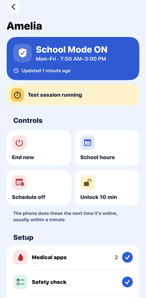 The parent's view: a blue School Mode ON card and control tiles for End now, School hours, Schedule off and Unlock 10 min.