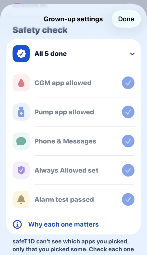 The safety check in grown-up settings: All 5 done, CGM app allowed, Pump app allowed, Phone & Messages, Always Allowed set, Alarm test passed.