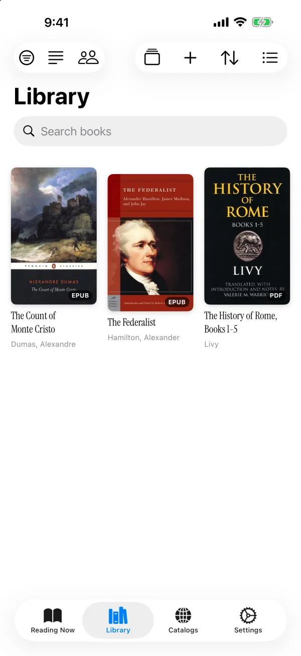 The Scytale library on iPhone: three book covers in a grid, each tagged EPUB or PDF, under a search field.