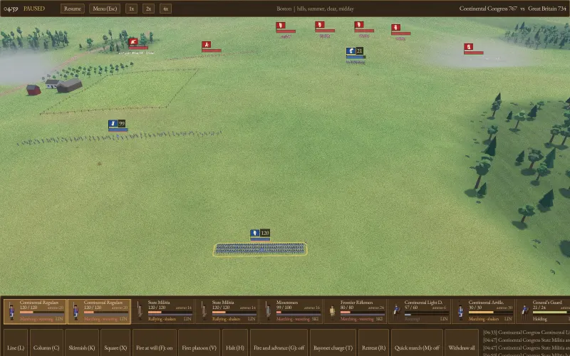 A 3D battlefield near Boston: a Continental regiment in line faces British regiments across open pasture.
